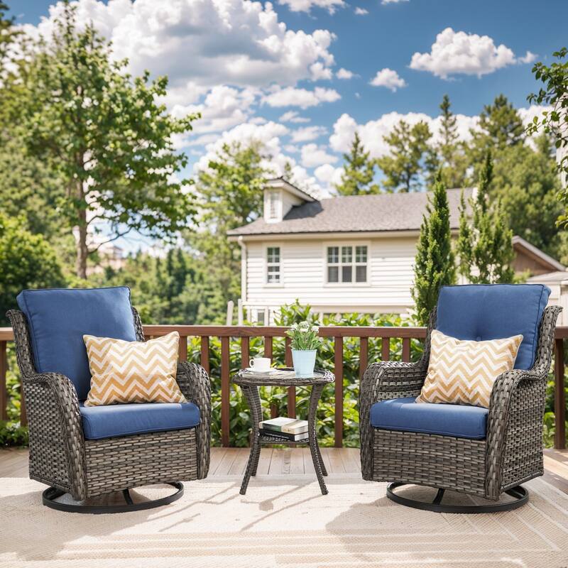 Gymojoy Wicker Swivel Glider Chair Outdoor Rocking Seating with Olefin Cushions - Grey Wicker / Blue Cusion - 3-Piece