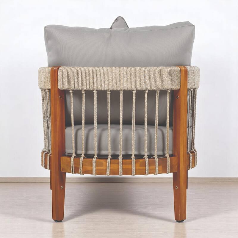 Outdoor Lounge Chair with Cushions, Acacia Wood Frame & Handwoven Rope, All-Weather Tub Chair with for Patio, Deck, or Garden
