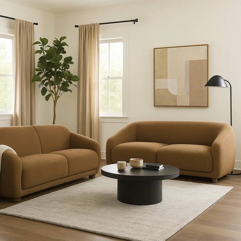 Oliver 2pc Sofa and Loveseat Set, Round Sloped Arms, Soft Brown Boucle