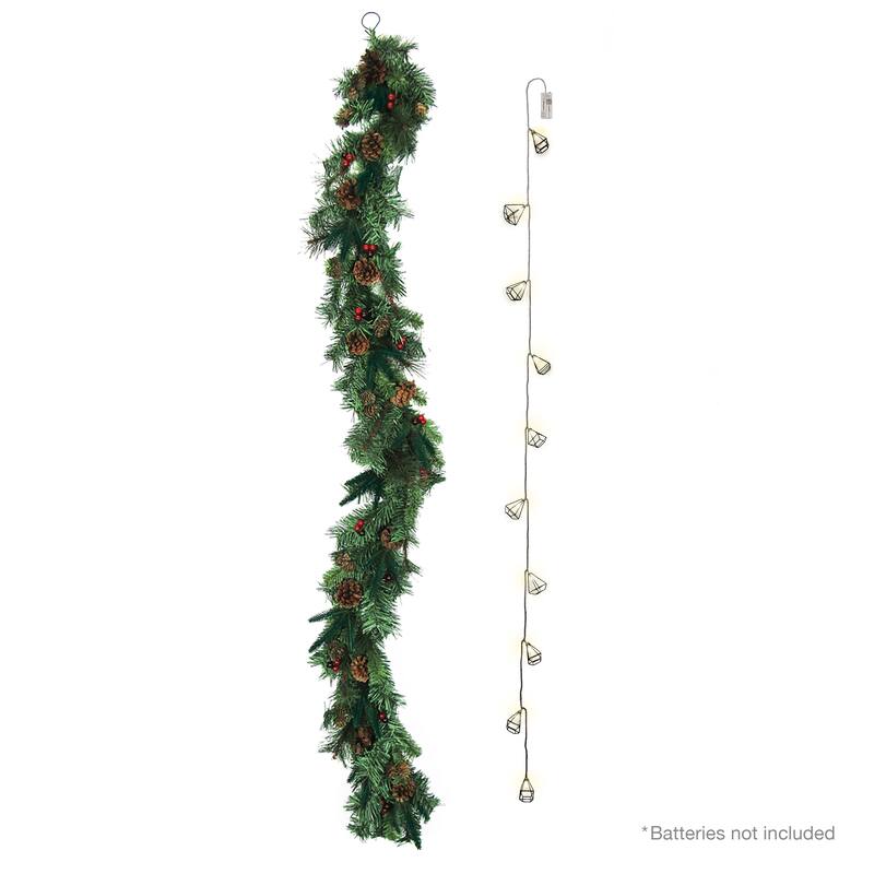6ft Artificial Mixed Berry Pine Cone & Pine Christmas Garland with Geometric Pyramid String Light Set - 72" L x 9" W x 6" DP