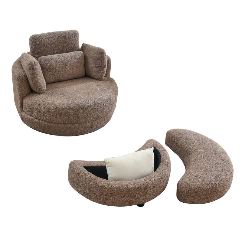 Oversized Teddy Fabric Swivel Barrel Chair with Moon Ottoman & 4 Pillows