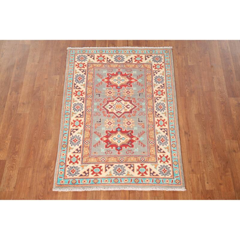 Geometric Grey Kazak Foyer Rug Handmade Traditional Wool Carpet - 2'7" x 3'10"