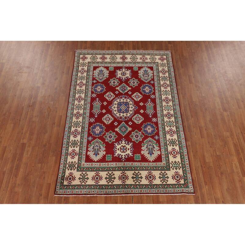 Red Geometric Kazak Oriental Area Rug Hand-Knotted Wool Carpet - 5'8" x 8'4"