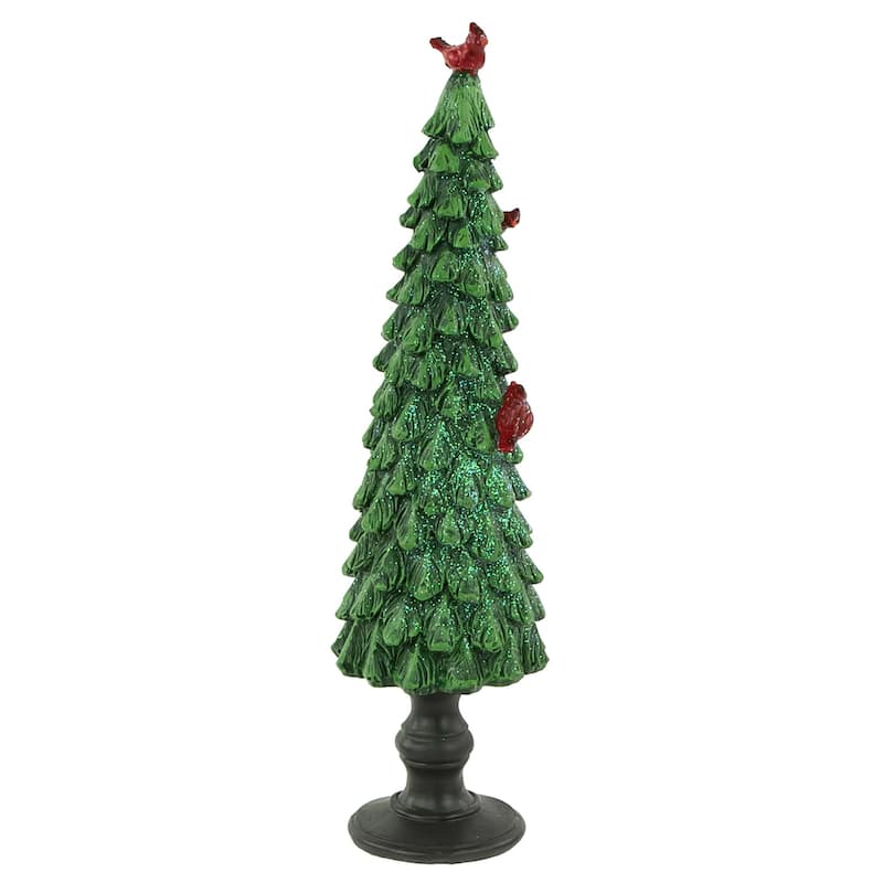 14.5" Green Glittered Christmas Tree With Red Cardinals Decoration