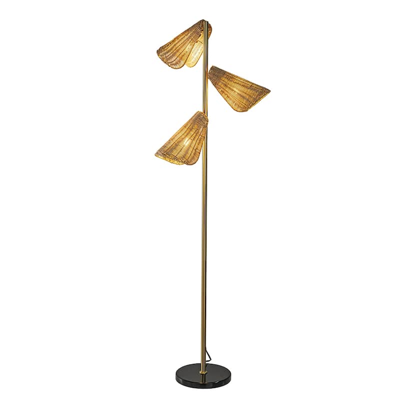 61'' Farmhouse Handwoven Rattan Floor Lamp Coastal 3-Light Standing Lamp With Antique Brass Finish Black Marble Base - W22'' - W22'' - Antique Brass
