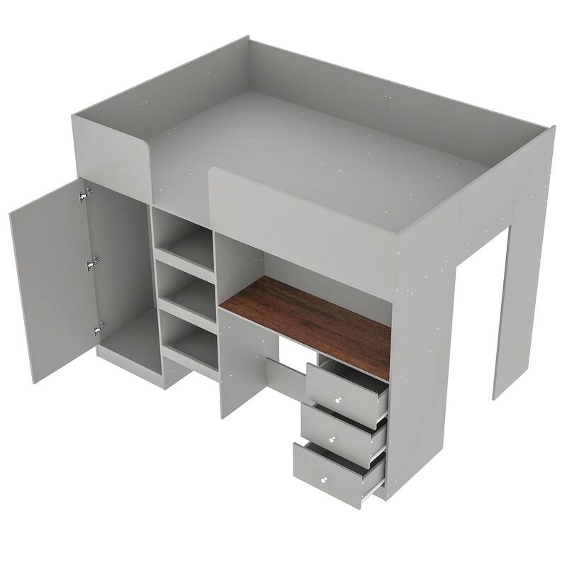 Roomfitters Full Wood Loft Bed with Built-in Wardrobe, Study Desk and Multi-Level Shelving