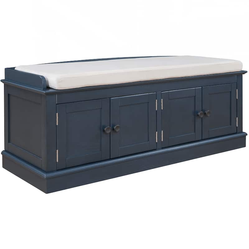 Storage Bench with 4 Doors and Adjustable Shelves, Shoe Bench with Removable Cushion for Living Room, Entryway