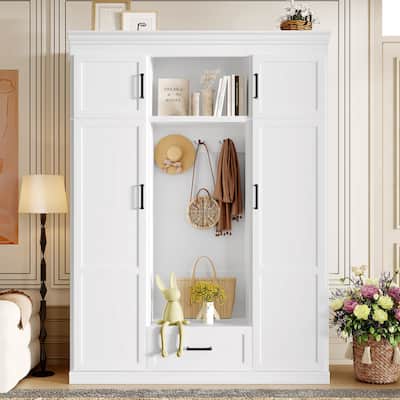 85.2"H Hall Tree with Bench and 3 Hooks, Modern Entryway Storage Organizer Cabinet with 4 Doors