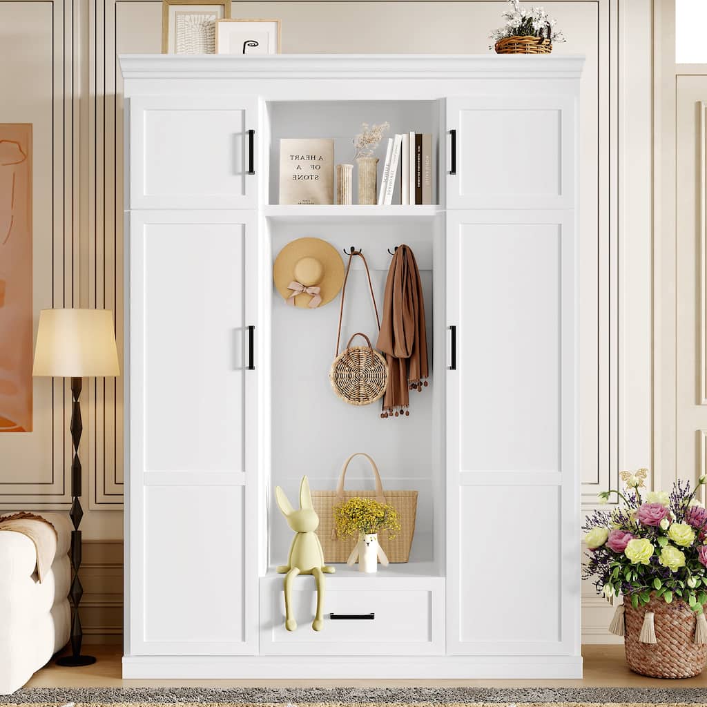 Modern Coat Rack with Bench, 4 Doors, 1 Drawer Adjustable Shelf and 3 Hooks, for Hallway Entryway Living Room