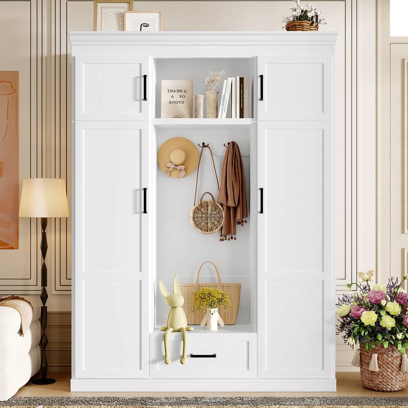 Roomfitters 85.2" Hall Tree with Bench, 3 Hooks, 4 Doors, 1 Drawer and Adjustable Storage Shelves - White