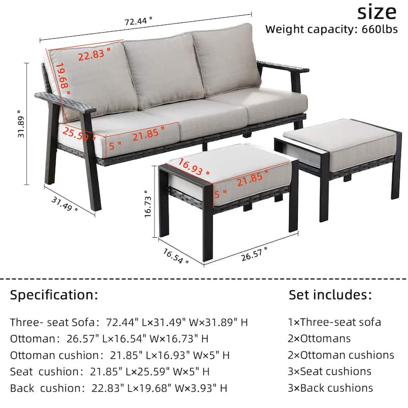 OVIOS Outdoor 3-piece Wicker Sectional Sofa Set With Ottoman Steel Frame