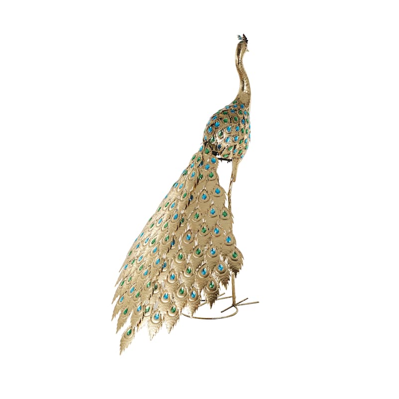 Metal Peacock Garden Sculpture with Blue and Green Jewels - Brass - Roche River Decor