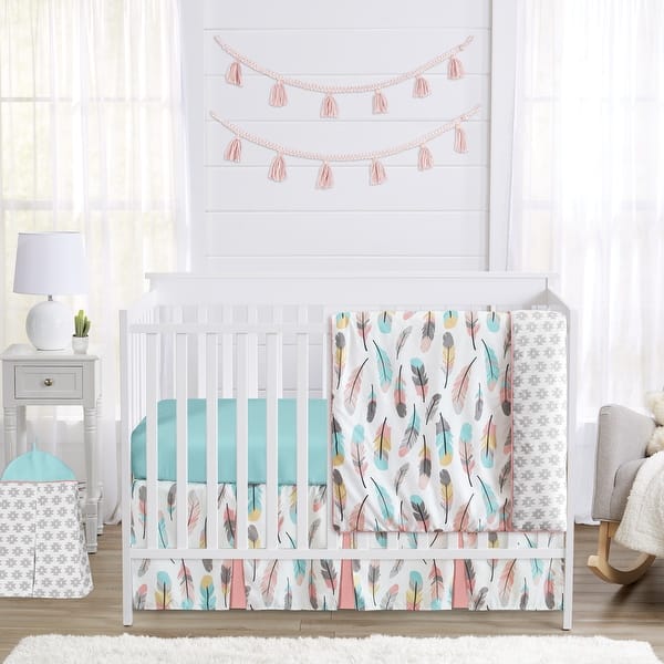 slide 2 of 6, Sweet Jojo Designs Turquoise and Coral Feather Collection 4-piece Bumperless Crib Bedding Set