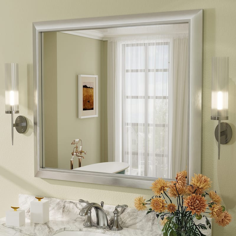 Beveled Metal Rectangle Framed Bathroom Vanity Tempered Glass Mirrors - 40" x 36" - Silver