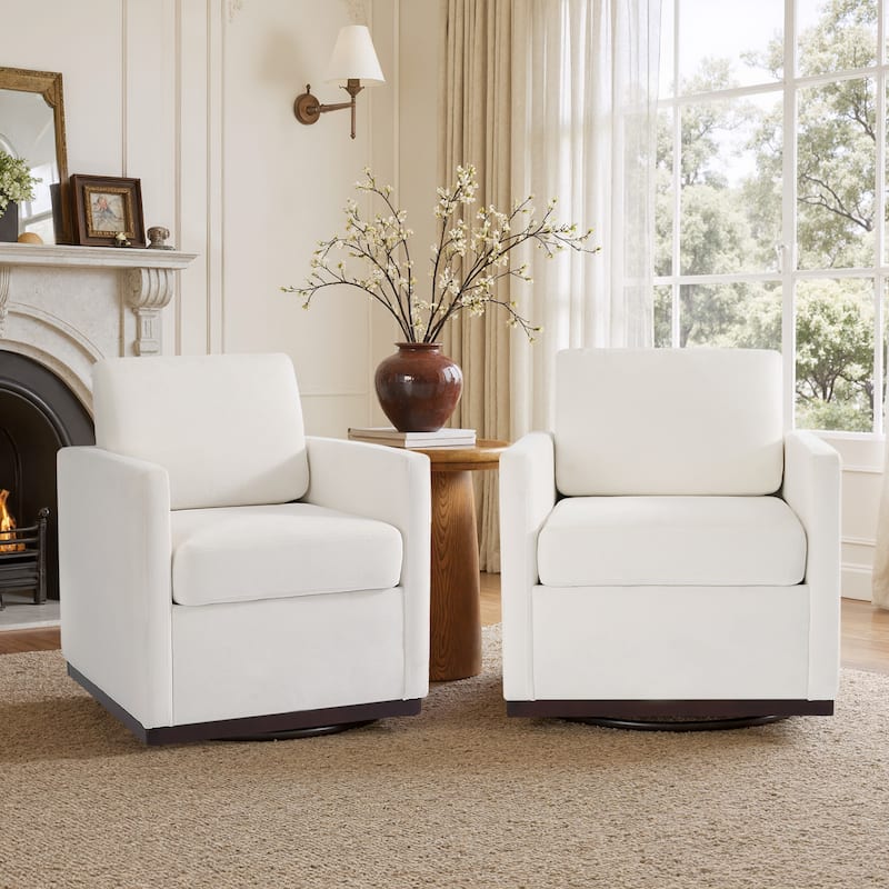 Set of 2 Modern Swivel Accent Armchairs Upholstered Arm Chairs - Chenille - Beige
