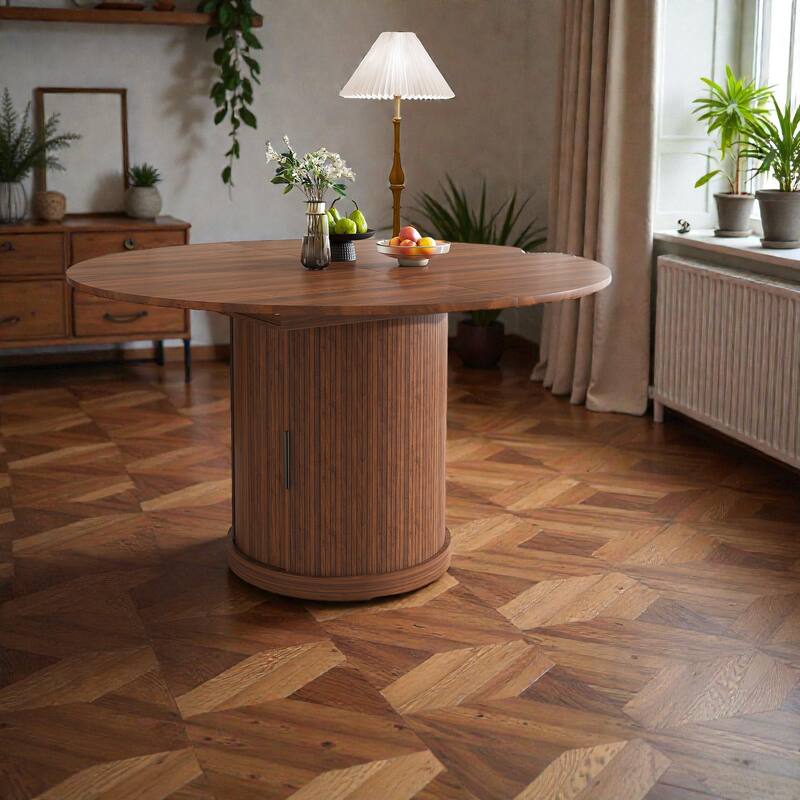 59 Inch Extendable Oval Dining Table with 2 Tier Storage, Walnut Finish MDF Pedestal Table for 4-6