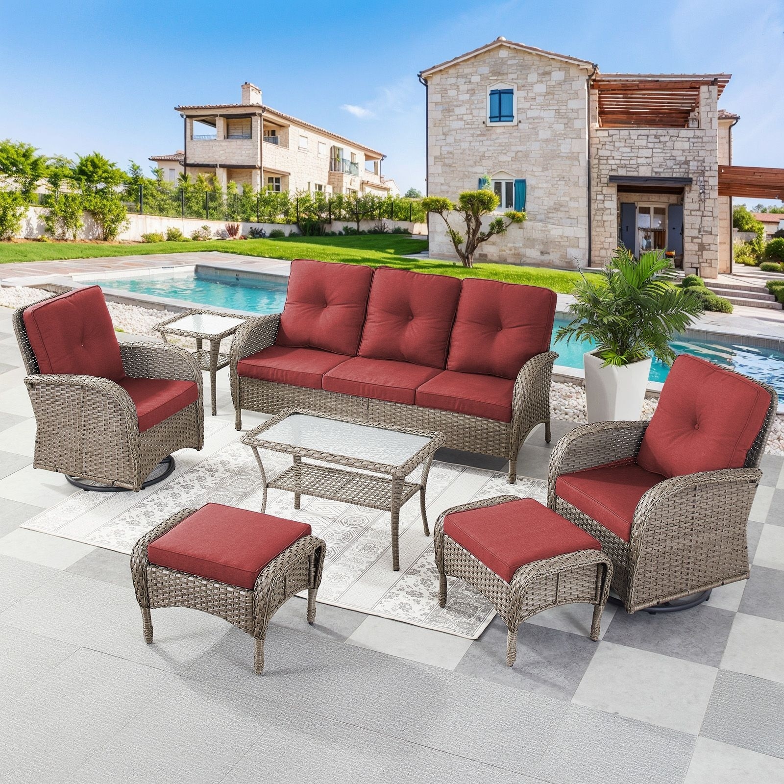 7 Pieces Swivel Chairs Sofa Table Ottomans Grey-Red - Grey