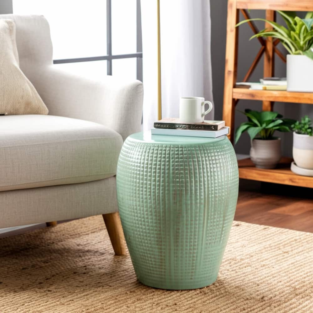 Ceramic Garden Stool Raised-Grid Texture for Home Use - 19" Green