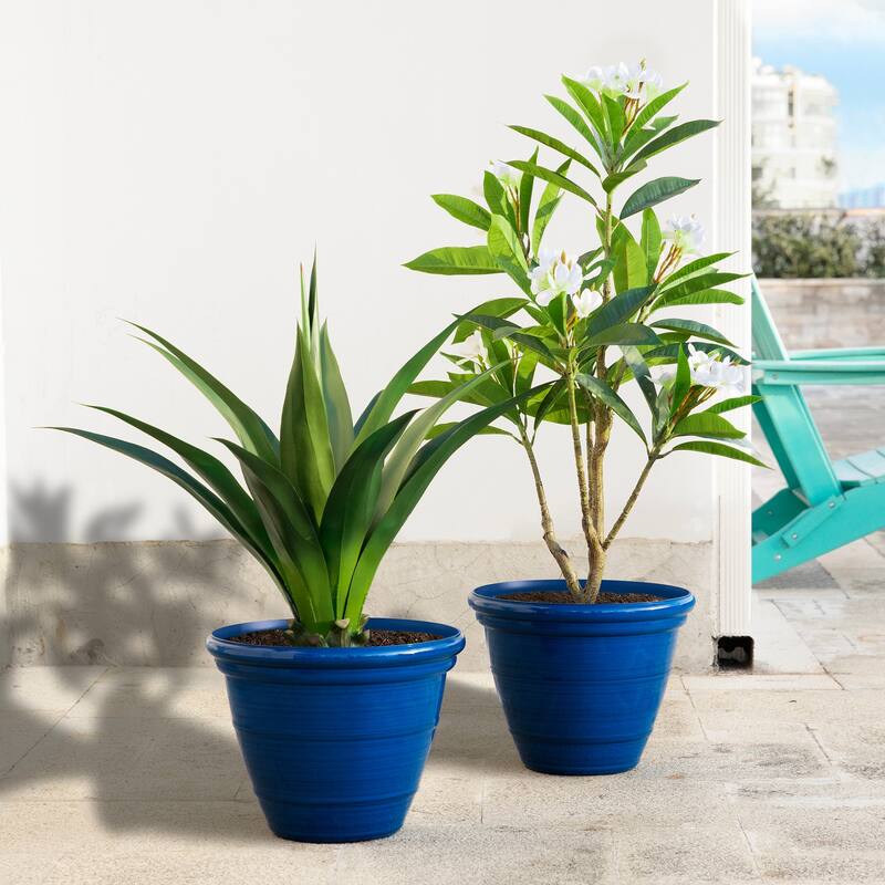 Glitzhome Set of 2 Round Cobalt Blue/Turquoise/Red Faux Ceramic Pot Plastic Planter - 15.5"D-Cobalt Blue