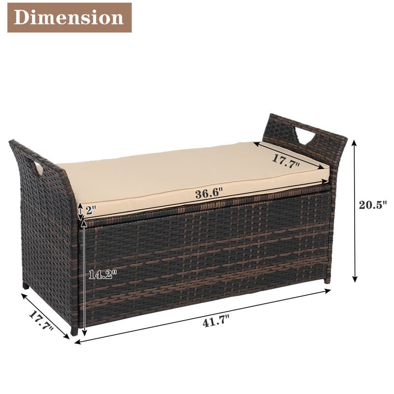 Patio Garden Brown PE Rattan Wicker Storage Bench with Cushion