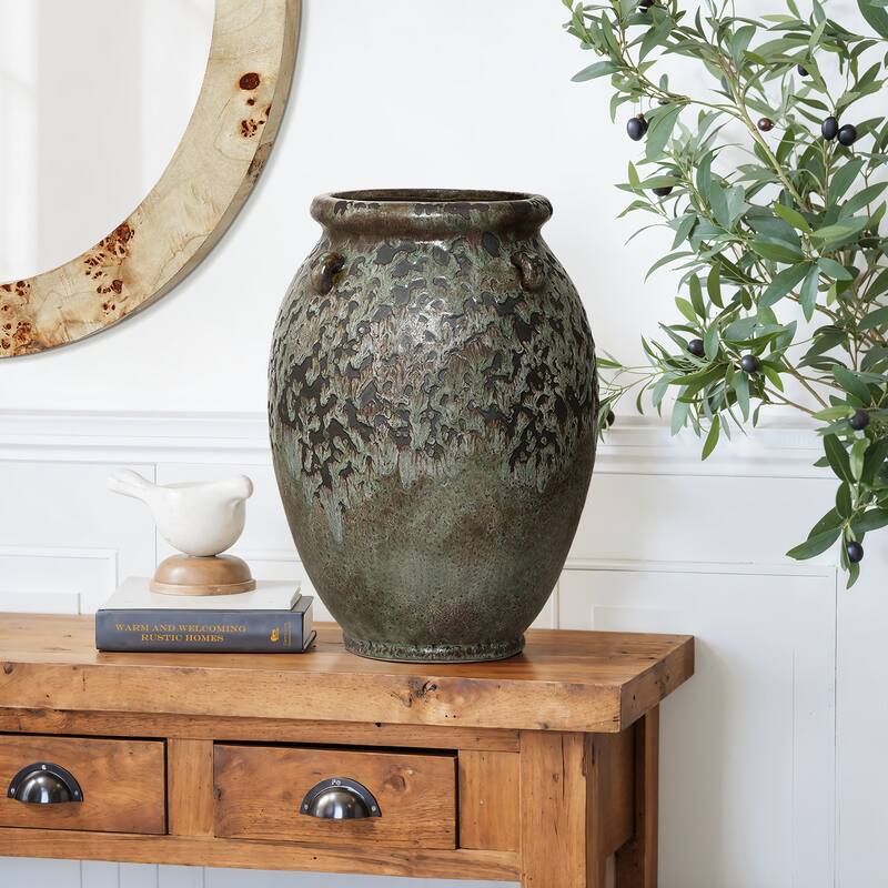 Antiqued Terracotta Jar Vase, Rustic 14.17" Green & Brown Flower Holder