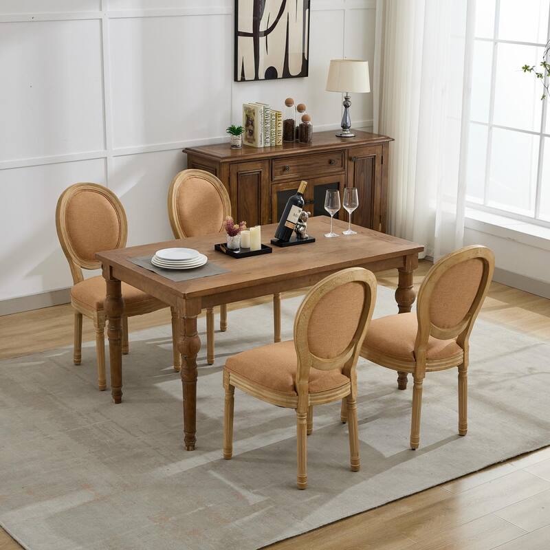 Kitchen Linen Dining Chair Set of 2, Wooden Frame Chair w/ Oval Backrest
