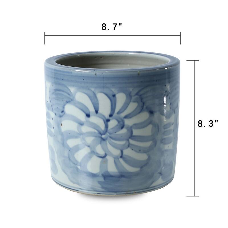 Approx.8.7 Inches Tall Blue and White Pot with Flower Motif