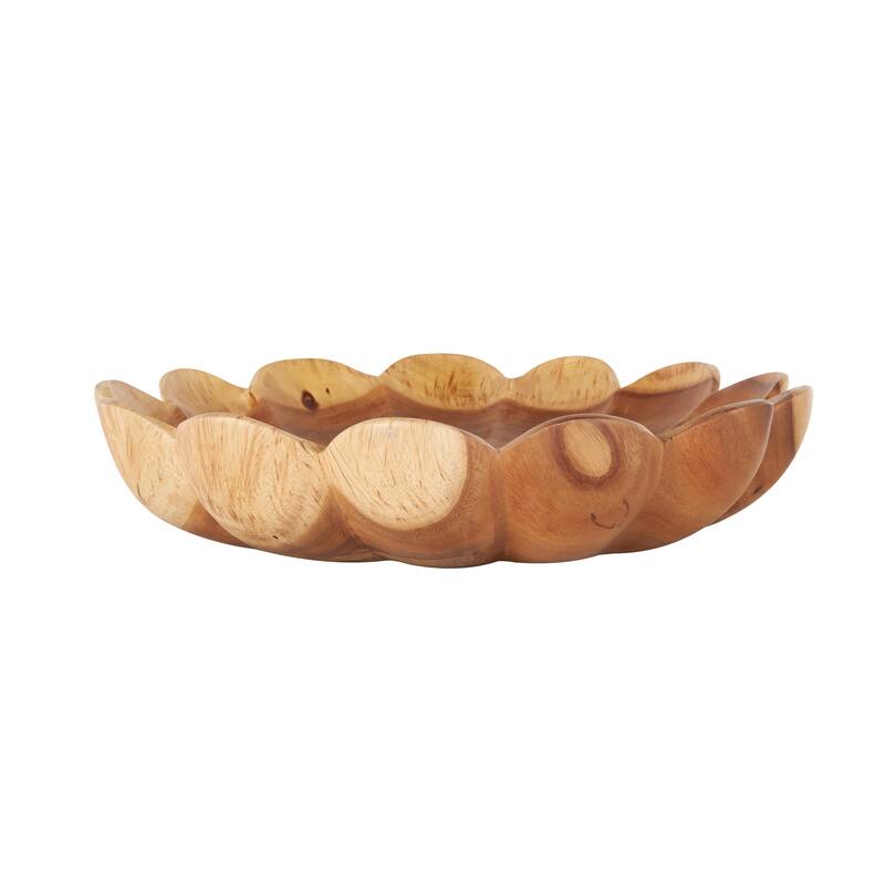 Teak Wood Floral Handmade Decorative Bowl with Light Brown Tones - Brown - Roche River Decor - 17"W x 17"L x 4"H