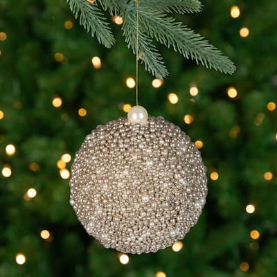 4" Gold Glitter Beaded Christmas Ball Ornament