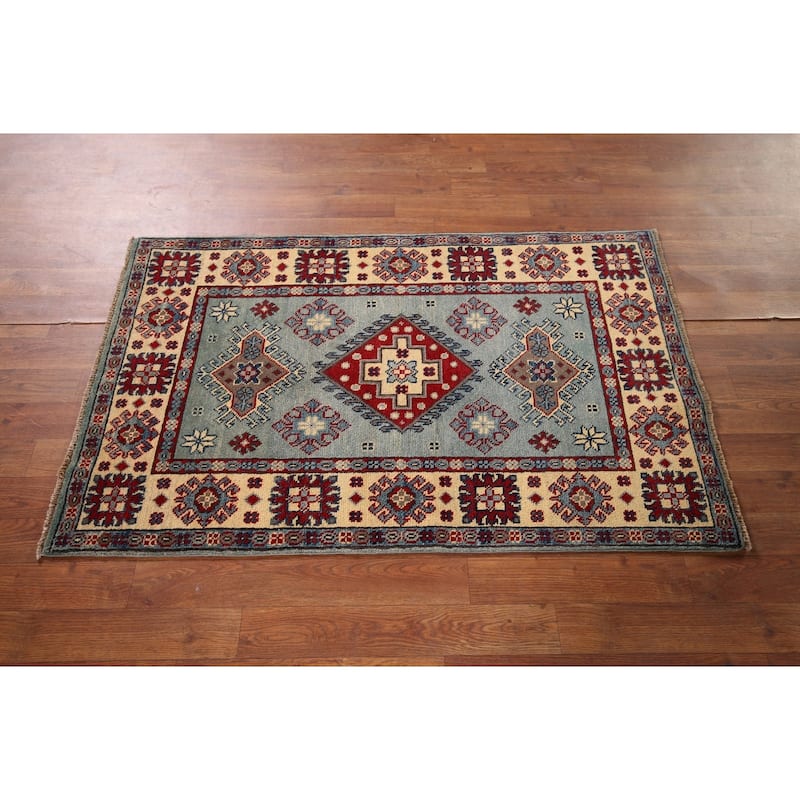 Light Blue Geometric Kazak Accent Rug Hand-Knotted Wool Carpet - 2'7" x 4'3"