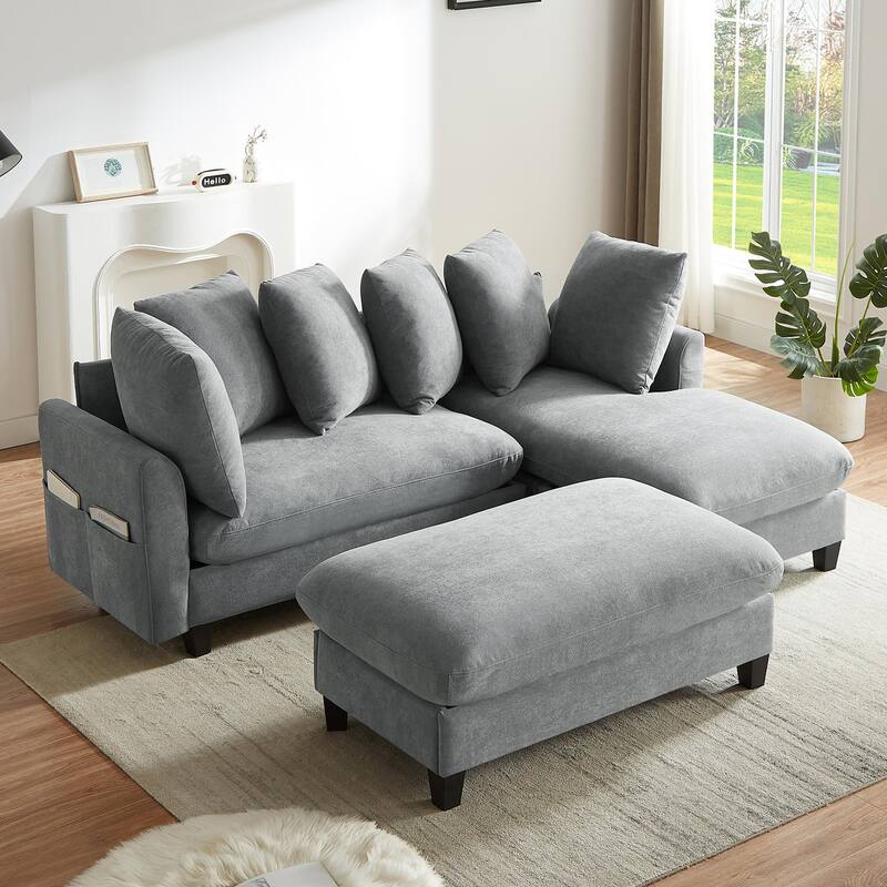 83" L-shaped Sectional Sofa with Storage, Ottoman, Pillows, Grey Chenille for Living Room