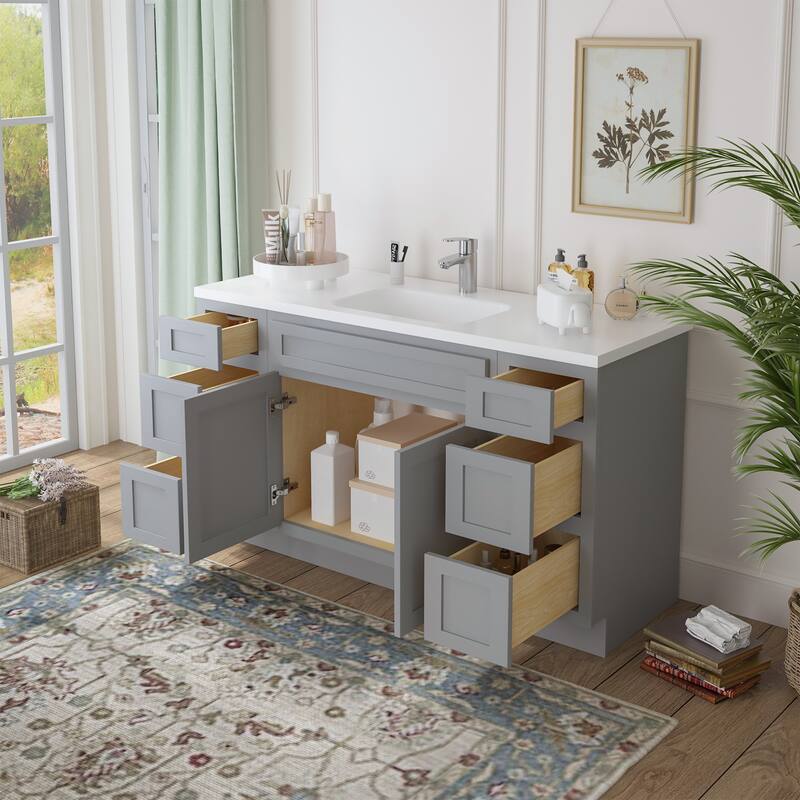 Vanity Art 57" Oak Freestanding Bathroom Vanity Cabinet without Top