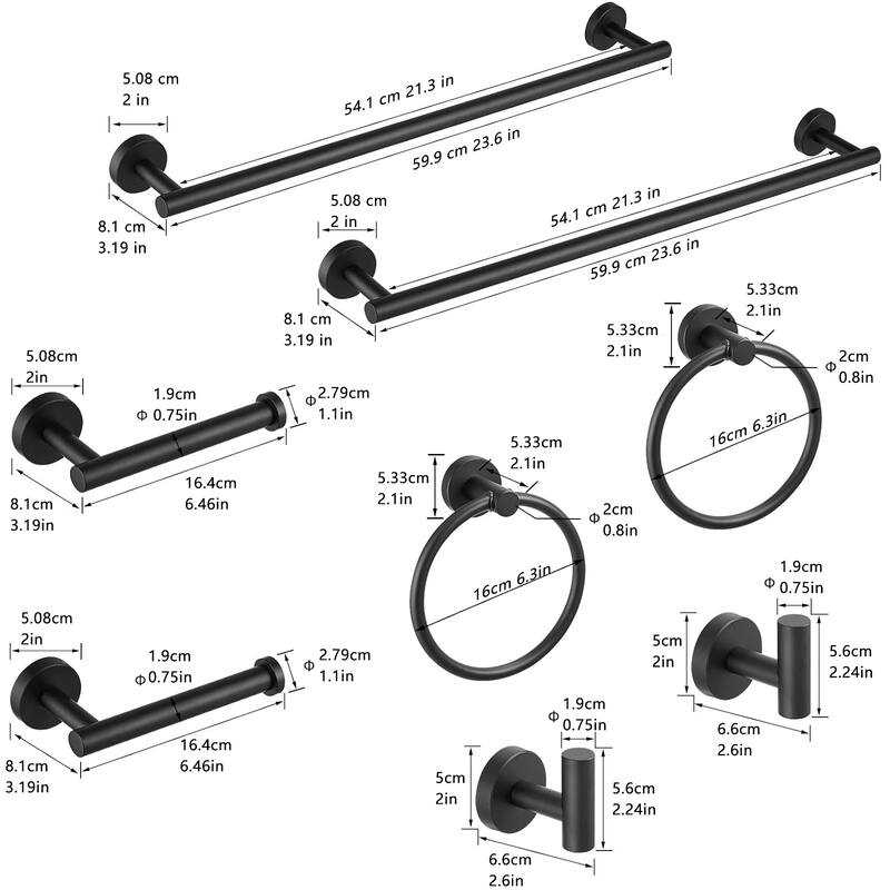 8 Piece Stainless Steel Bathroom Towel Rack Set Wall Mount in Black - 3.19"W×2"H