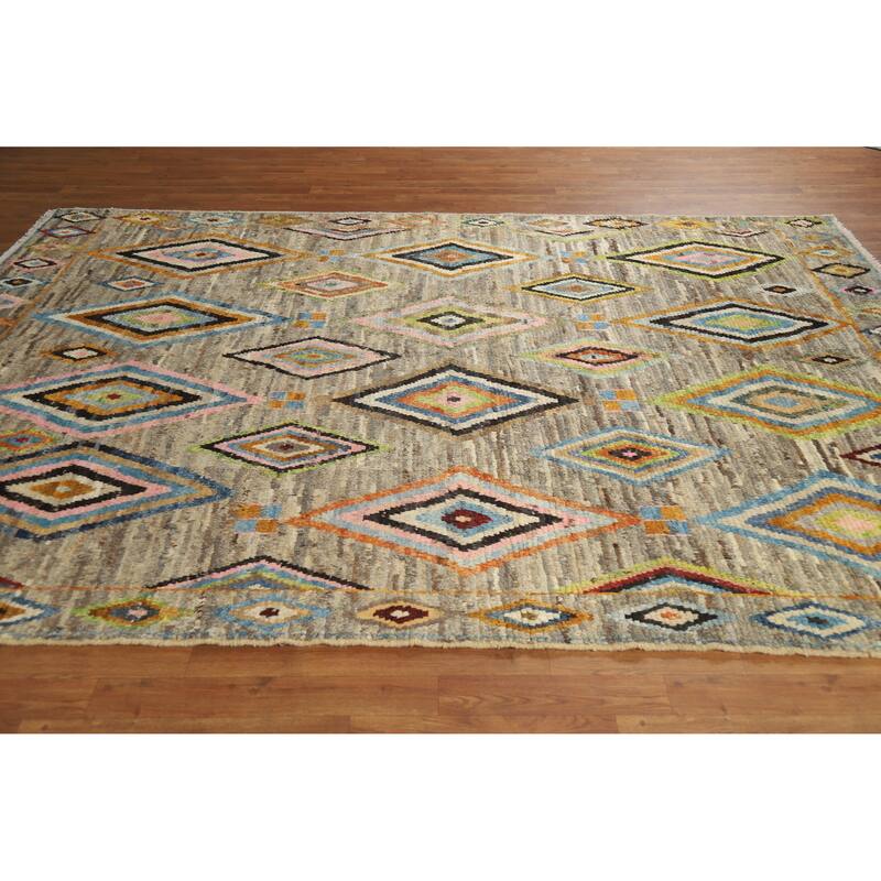Multi-Color Geometric Moroccan Oriental Rug Hand-Knotted Wool Carpet - 7'0" x 9'7"