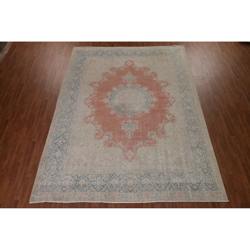 Distressed Kerman Persian Antique Area Rug Hand-knotted Wool Carpet - 9'8" x 12'7"