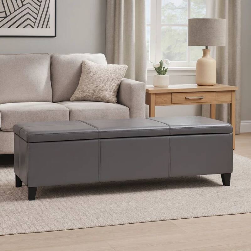 Elias Storage Ottoman Bench, Gray Faux Leather, Stitch Detail, 51 Inch
