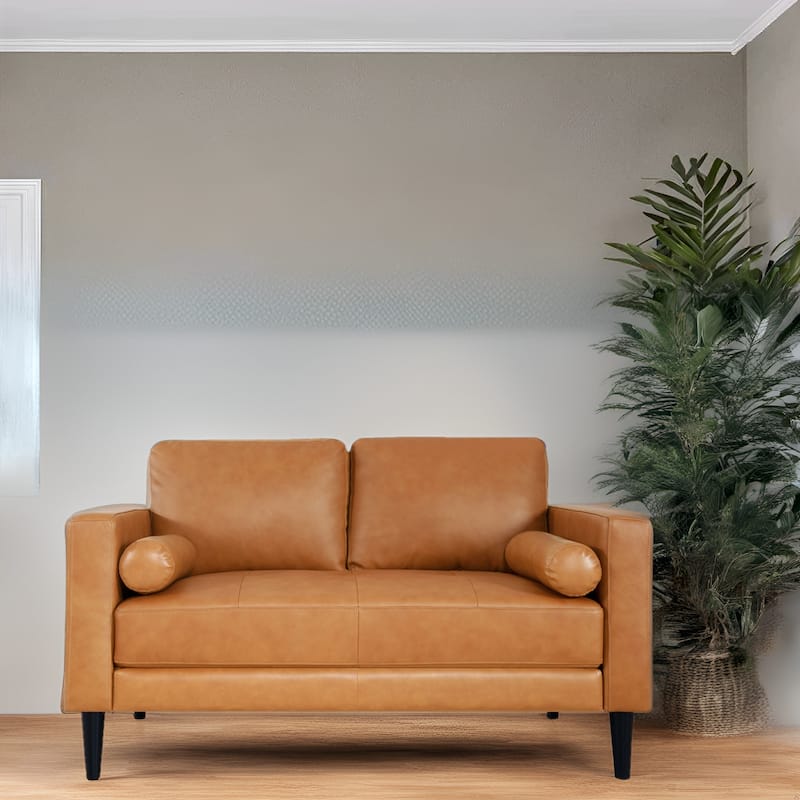 Luxury Cowhide Leather Loveseat with Firm Cushions, Spacious 2-Seat Design, and Bolster Pillows