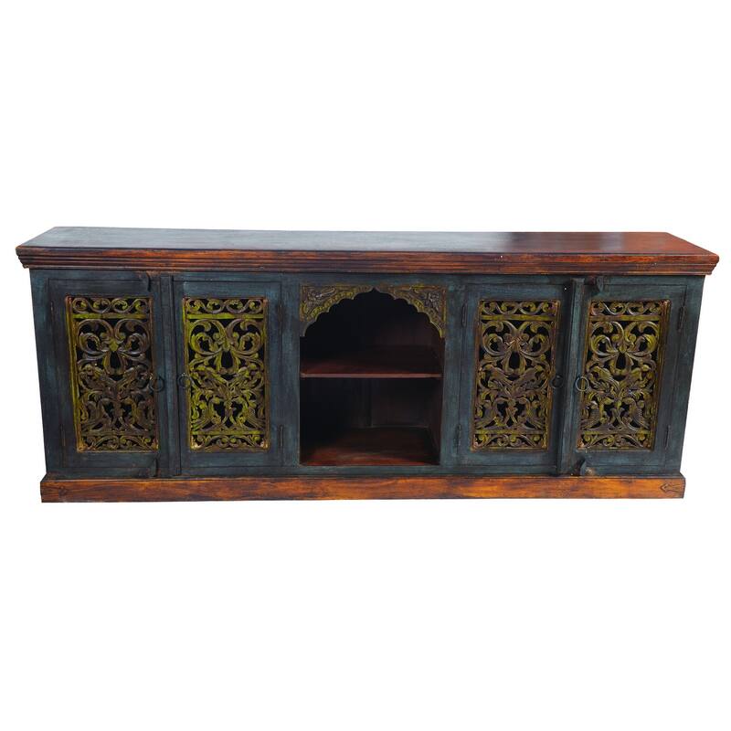 HomeRoots 91" Brown Gray and Green Solid Wood Buffet Table with Two Doors - 91.00 in. x 36.00 in. x 16.00 in.