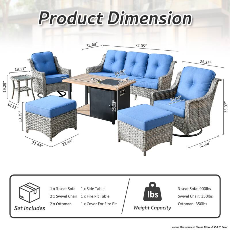 OVIOS 7 Pieces Outdoor Wicker Curved Swivel Chair Set With Fire Table
