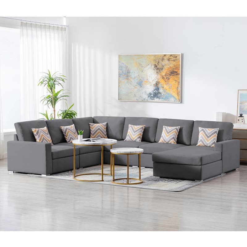 Linen Fabric 6 Piece Reversible Chaise Sectional Sofa with 6 Pillows and Interchangeable Legs