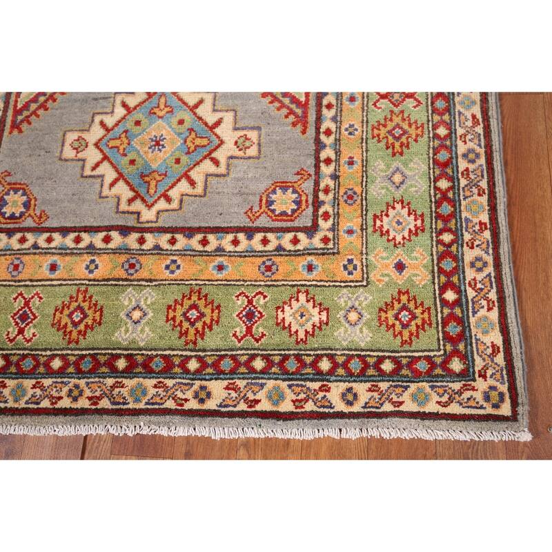 Geometric Grey Kazak Foyer Rug Hand-Knotted Wool Carpet - 3'5" x 4'10"