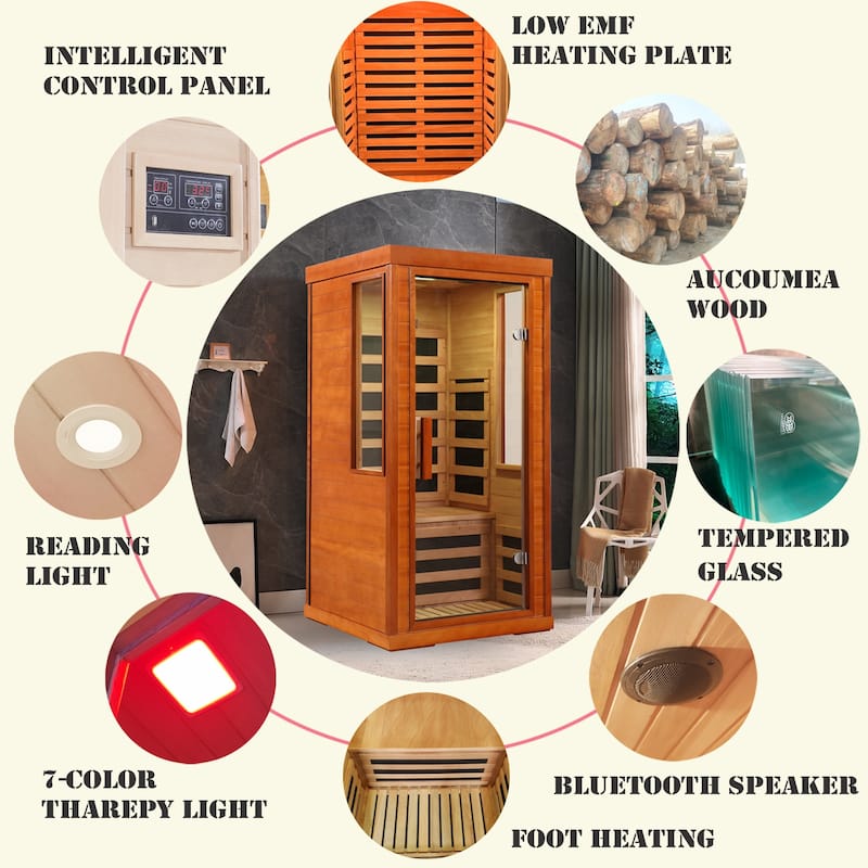 1 Person Far Infrared Sauna Low EMF Carbon Fiber Heating Okoume Wood Home Spa with Bluetooth - N/A
