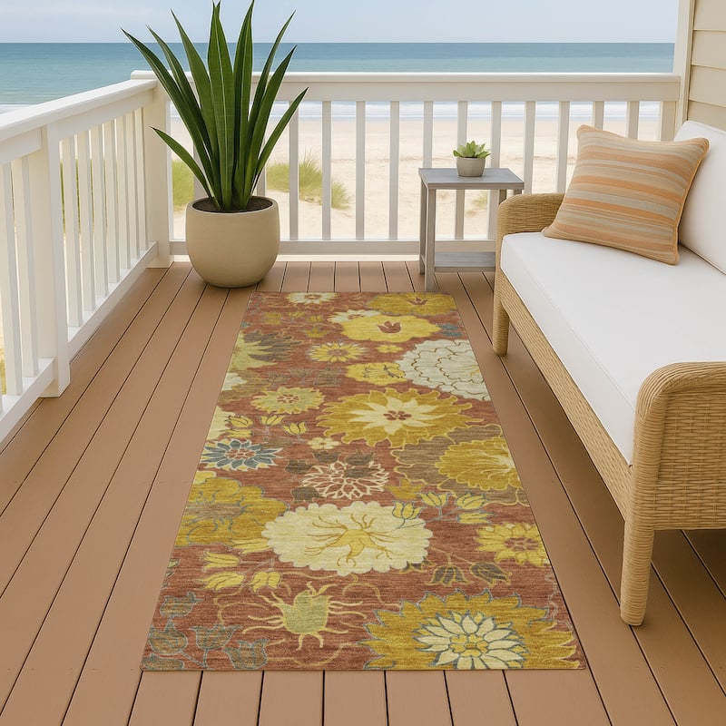 Machine Washable Indoor/ Outdoor Modern Floral Chantille Rug - Terracotta - 2'3" x 7'6"