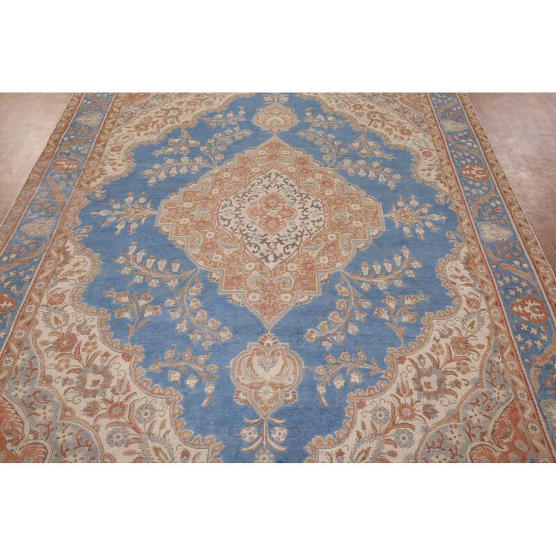 Blue Tabriz Persian Vintage Rug Hand-Knotted Wool Carpet - 9'3" x 12'11"