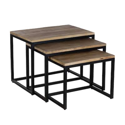 Set of 3 Mango Wood Nesting Tables with Black Metal Frame Base