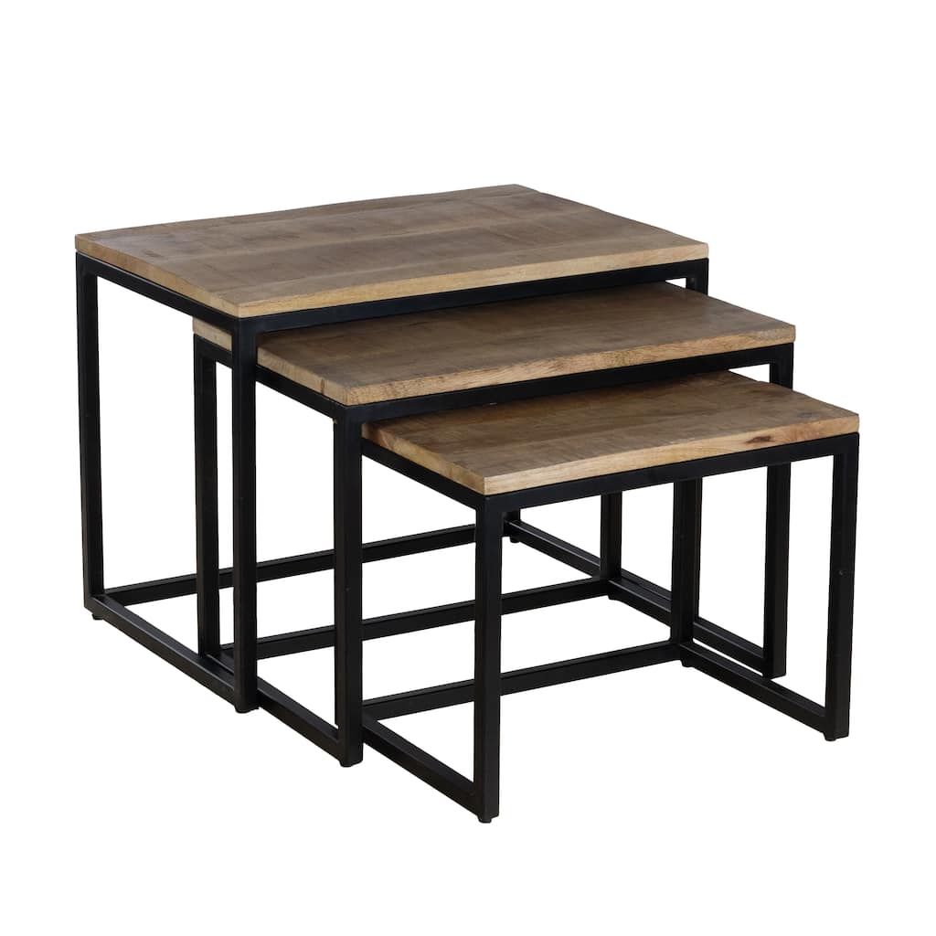 Set of 3 Mango Wood Nesting Tables with Black Metal Frame Base
