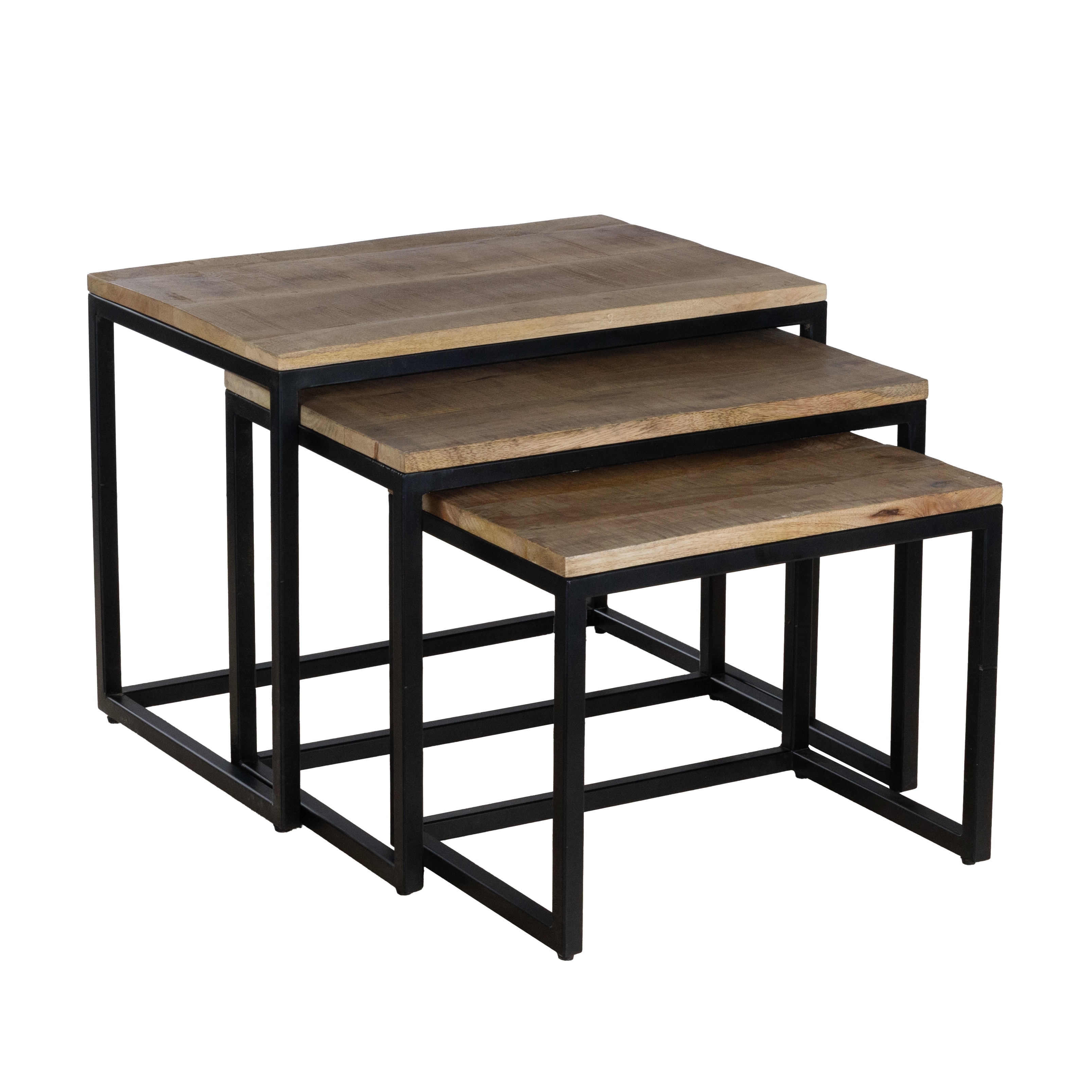 Set of 3 Mango Wood Nesting Tables with Black Metal Frame Base