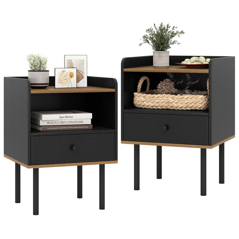 Costway Nightstand Bedside End Table with Drawer & Open Shelf for - 2 PCS