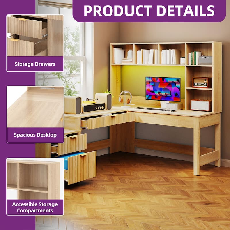 Moasis Modern L Shaped Computer Desk with Hutch and Drawers LED Office Desk w/Power Outlets