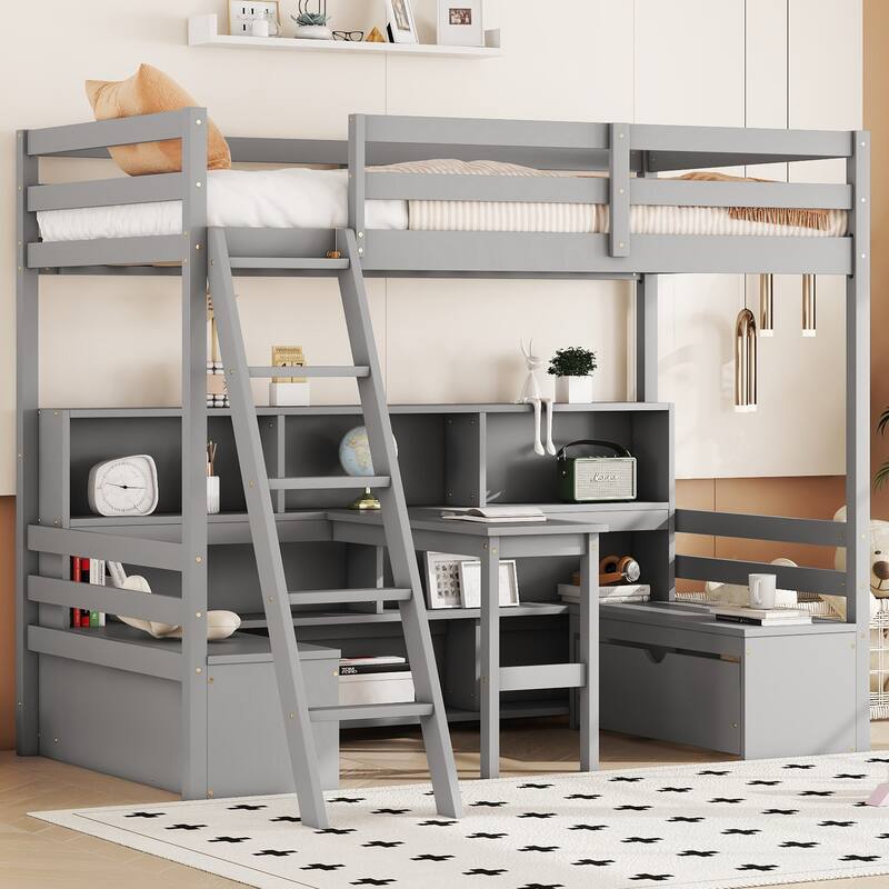 Wooden High Loft Bed Twin SIze with Desk and 2 Benches, Versatile Storage Loft Bed Frame with Built In Bookcase and 2 Drawers